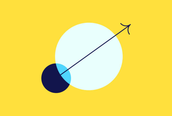 An illustration with a bright yellow background. In the center are two circles overlapping and pierced by an arrow.